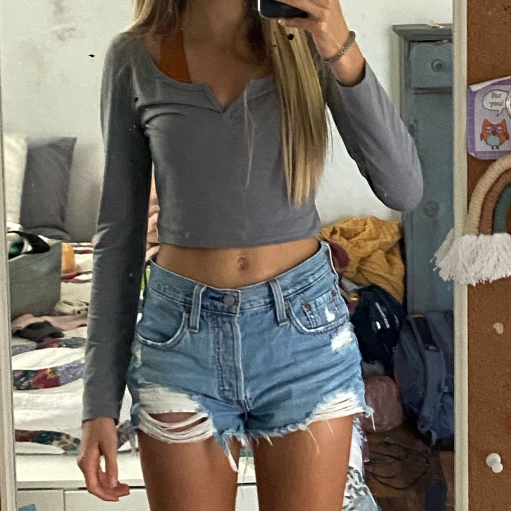 Lululemon Gray Long Sleeve Henley Crop Top